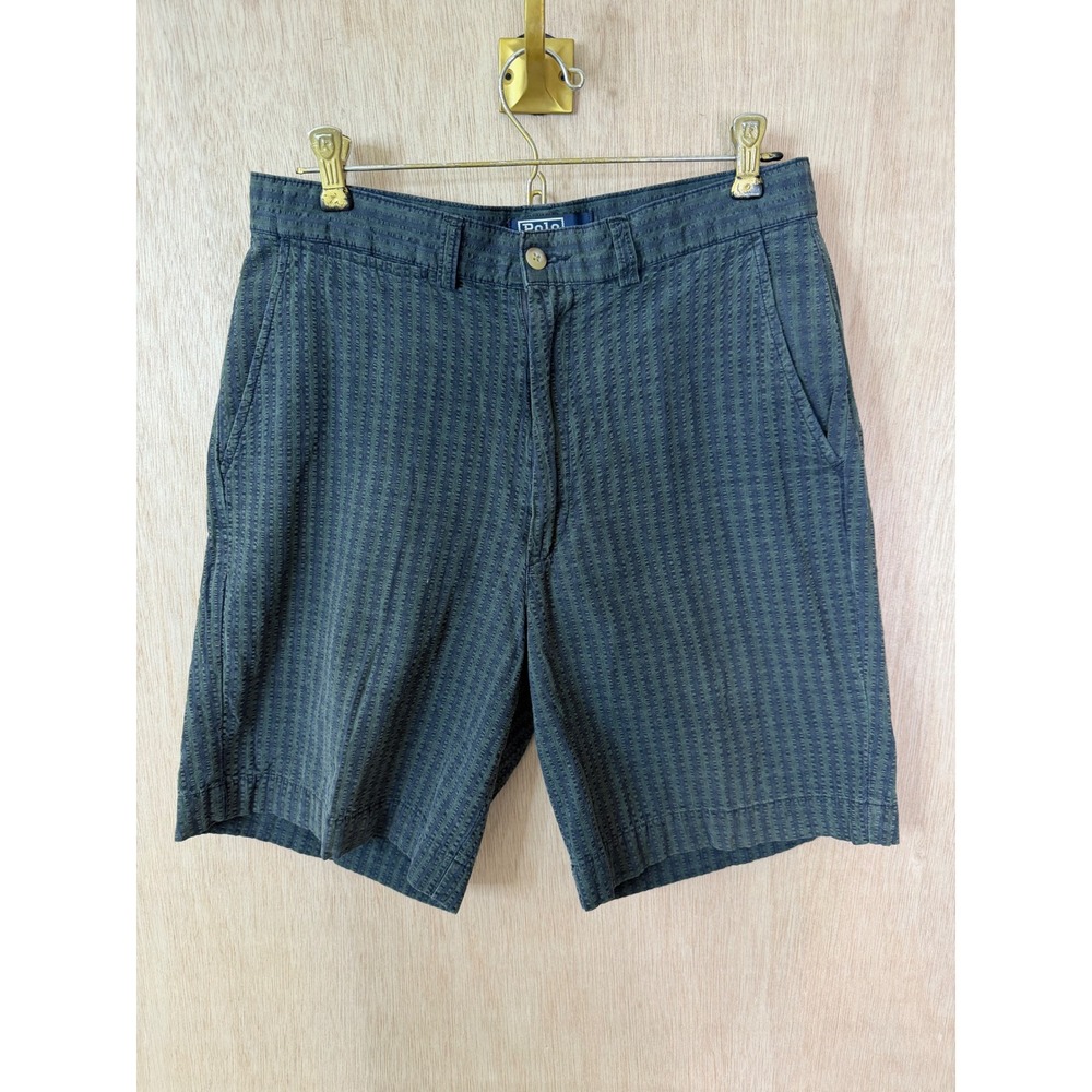 Polo Ralph Lauren Mens Green Navy Striped Cotton Shorts Size 31 Textured